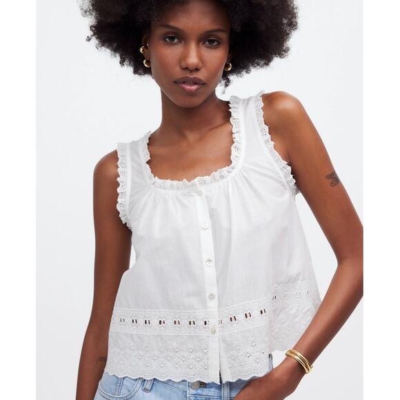 Madewell Tops - Madewell Embroidered Ruffle Trim Button Up Tank Top US Women's S New